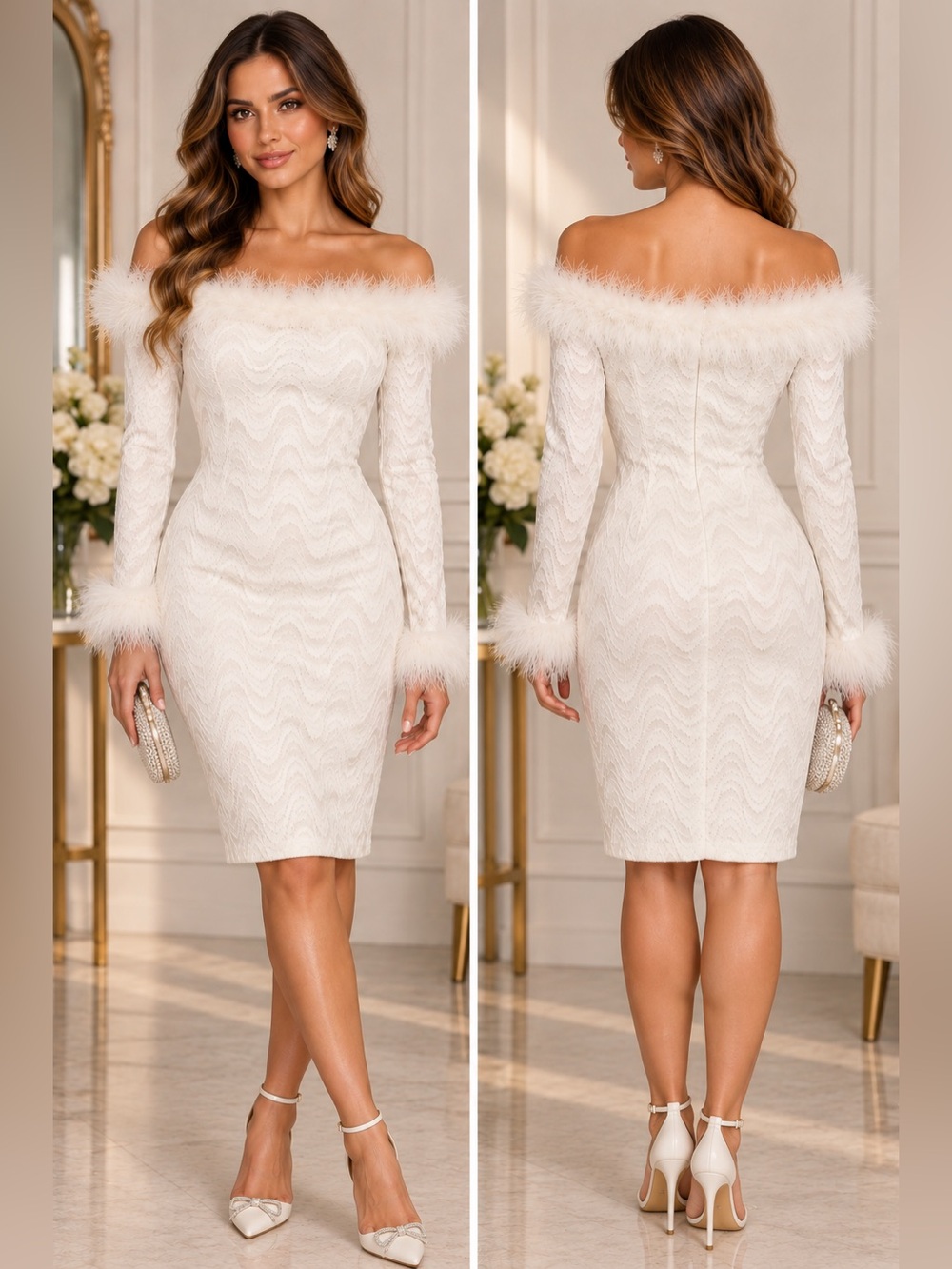 SHEIN White Textured Faux Fur Trim Off The Shoulder Midi Dress S Hoco